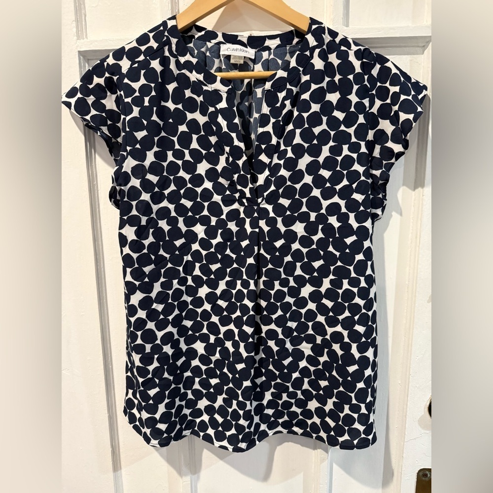 Calvin Klein Navy and White Polka Dot Blouse